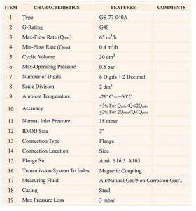 جدول مشخصات کنتور گاز دیافراگمی گازسوزان کد G40