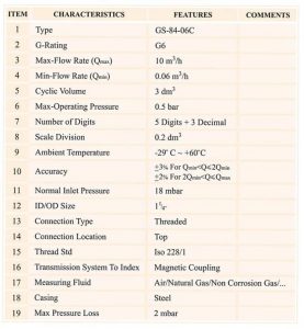 جدول مشخصات کنتور گاز دیافراگمی گازسوزان کد (G6 (GS-84-06C